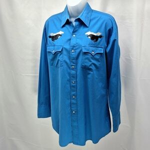VINTAGE Blair Western Pearl Snap Shirt Blue Embroidered Eagles Cowboy Medium